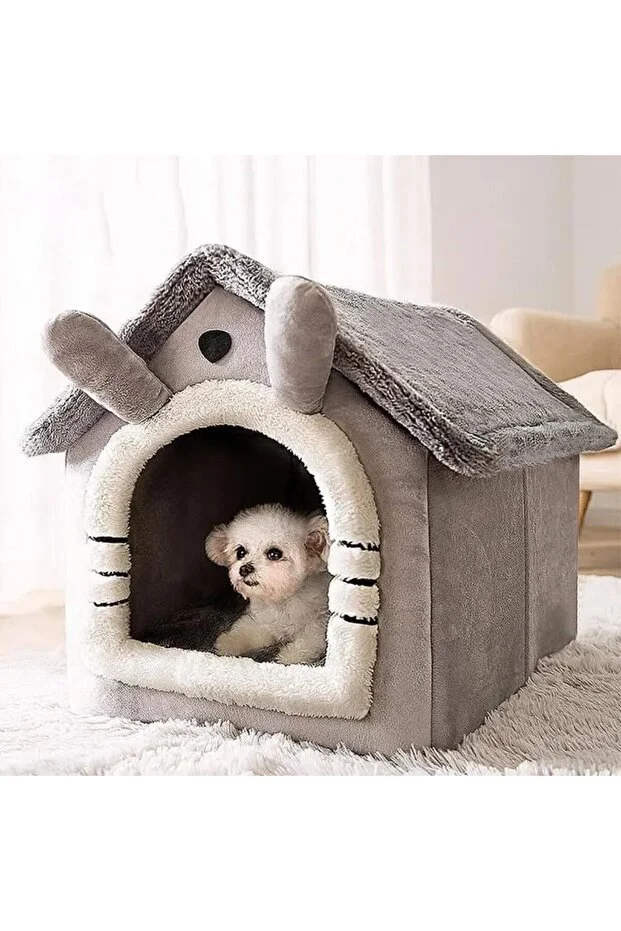 Klasik Model Kedi Evi Yumuşak Kedi Yatağı Derin Uyku Ve Kış Evi Çıkarılabilir Minder GRİ S BEDEN